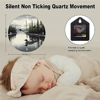 ArogGeld Loon Rustic Bedroom Clocks Lake Time Duck Wall Clock Quartz Battery Operated Silent Wall Clocks for Home Office School 12x12in New Home Housewarming Gift - color: A-51, size: 12x12in
