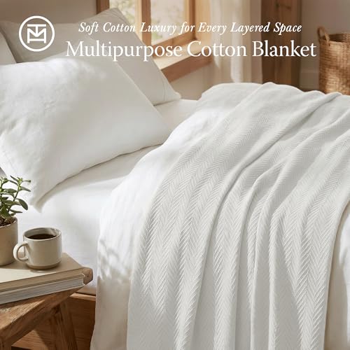 Threadmill Luxury 100% Cotton Queen Herringbone Blanket, Tusk White - color: Tusk White, size: Queen (90" x 92")