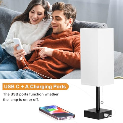 Set of 2 White Bedside Table Lamps for Bedroom - Nightstand Lamp, USB C+A - color: White & Black (2PCS), size: 14.3in