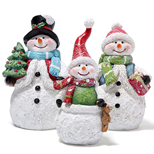 Hodao Snowman Figurines Set of 3, Hand-Painted Resin Christmas Ornaments, Indoor Home Decor for Mantel, Shelf & Tiered Tray, Glitter Accents, Gift-Ready Holiday Decorations - color: 3pcs Family Snowman Figurine