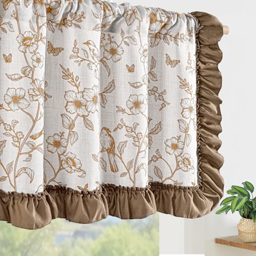 Yinhua Linen Floral Valances for Windows with Ruffle, Farmhouse French Window Valances Curtains, Light Filtering Rod Pocket Kitchen Curtains Valance for Living Room Bathroom, 52" W x 18" L, 1 Panel - color: Brown, size: 52"W x 18"L (Pack of 1)