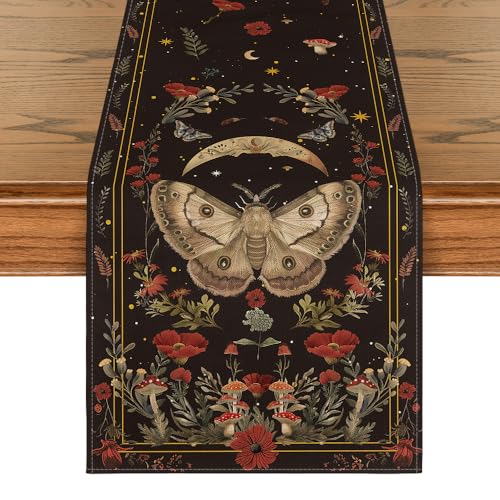 Artoid Mode Poppy Moth Mushroom Moon Fall Table Runner, Seasonal Autumn Kitchen Dining Table Decoration for Home Party Decor 13x72 Inch - color: Black, size: 13" x 72", Table Runner