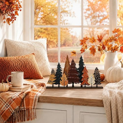Smile Fall Thanksgiving Wooden Standing Decor, Autumn Forest Maple Pine Tree Tiered Tray Signs with Stands for Rustic Farmhouse Home Kitchen Shelf Decor - style: Fall Tree
