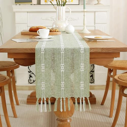 Rustic Boho Table Runner, Farmhouse Table Runners 90 Inches Long for Kitchen Dining Room, 13x90 Inches, Sage Green Lines - color: Hollow Sage Green Lines, size: 13"x90" / 33x228cm