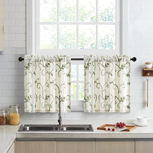 VOGOL Green Leaf Botanical Tier Curtains, 30 x 24 Inches, 2 Panels - color: Green, size: 30"W x 24"L (Pack of 2)