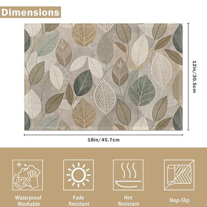 Linen Placemats Set of 6, Boho Green Leaves Washable Table Mats 12x18 Inch, Heat Resistant Non Slip Placemats for Dining Table Kitchen Everyday Use - color: Boho Green Leaves