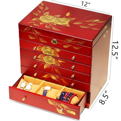 Hand Painted Rose Wood Jewelry Box 6-Layer Lockable Organizer Red