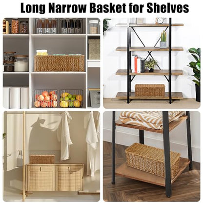 Sumnacon Wicker Storage Basket with Lid, Rectangle Bathroom Narrow Baskets - color: Brown