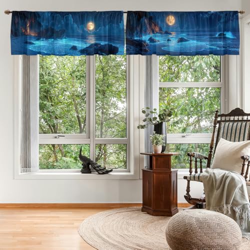 Beach Curtain Valance for Windows 2 Pack Moon Star Sky Blue Wave Rod Pocket Window Treatments Short Curtains for Kitchen Windows Bathroom Bedroom 54x18 Inch - color: Beach