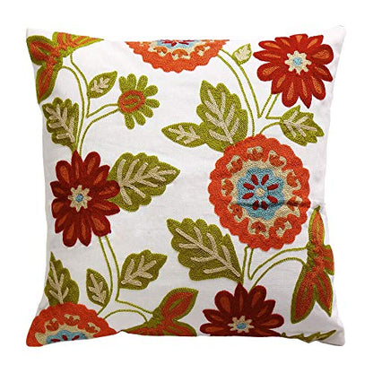 Throw Pillow Case Covers 18x18 inch Set of 2 Decorative Floral Embroidered Design on Solid Natural White Background for Couch, Sofa, Bed - Cushion Not Included
