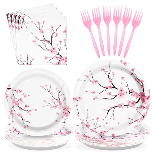 Grencian 96 PCS Cherry Blossom Party Supplies Cherry Decorations, Serves 24 - style: Cherry Blossom Kit