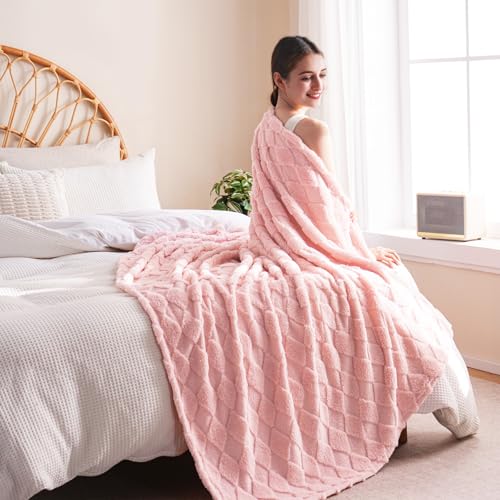 Pink Fleece Throw Blanket for Couch Sofa 60”x80” with Diamond Checkered - color: Pink, size: Twin(60"x80")