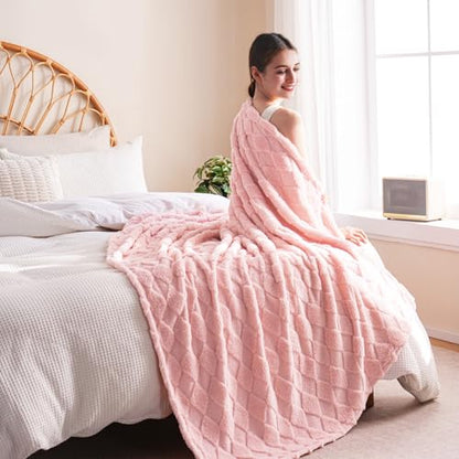 Pink Fleece Throw Blanket for Couch Sofa 60”x80” with Diamond Checkered - color: Pink, size: Twin(60"x80")