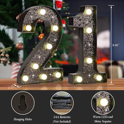 Black Glitter LED Marquee Number 21, Warm White Light Decor Sign - size: Number-21
