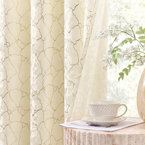 Ivory Geometric Curtains 72 Inches Long 2 Panels Golden Foil Pattern Cream Curtains Grommet Room Darkening Baroque Decor Metallic Marble Textured Jacquard Window Drapes for Bedroom Office, 52x72 - color: Ivory, size: 52"W x 72"L (Pack of 2)