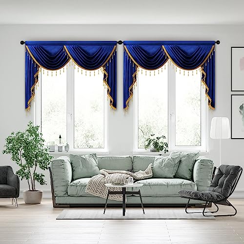 ELKCA Luxury Royal Blue Velvet Curtain Valances for Living Room with Beads(59inch,1 Panel) - color: Royal Blue, size: 59"W x 43"L (Pack of 1)