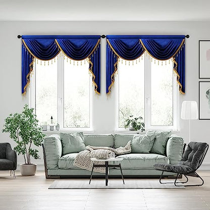 ELKCA Luxury Royal Blue Velvet Curtain Valances for Living Room with Beads(59inch,1 Panel) - color: Royal Blue, size: 59"W x 43"L (Pack of 1)