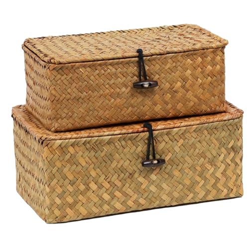 Set of 2 Wicker Basket with Lid, Seagrass Woven Basket for Storage - color: Natural, size: 10.23" x 6.3" x 4.13"+ 9.05" x 5.11" x 3.34"