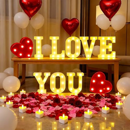 I Love You Light Up Letters Sign, with 30 Tea Lights Candles, Rose Petals, Round Pearlescent Balloon, Aluminum Balloons, Romantic Valentine's Day Wedding Engagement Birthday Party Decoration - color: I LOVE YOU