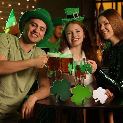 St Patricks Day Decorations Wooden Shamrock Tabletop Set – 3 Piece Green Clover Freestanding Tiered Tray Decor for Home Office Mantel Shelf Display