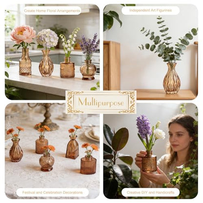 Petal Petite Small Amber Glass Bud Vase Set of 6 for Wedding Centerpieces - color: Amber