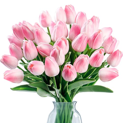 Sggvecsy 15 Pcs Fake Tulips Artificial Flowers Real Touch PU Faux Flowers Tulip Stems for Wedding Spring Bouquet Floral Arrangement Home Party Office Decorations for Mother's Day (Light Pink) - color: Light Pink, size: 15 Pcs