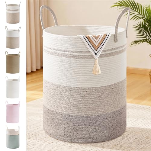 100L Extra Large Tall Cotton Rope Laundry Basket with Handle, Brown Striped - color: Brown Striped, size: 100L