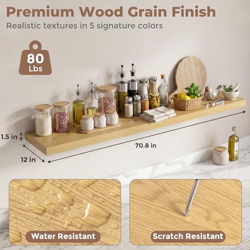 Venusmiles 12 inch Deep Floating Shelves for Wall, 72" Wide, Oak, 2-Pack - color: Oak Finish, size: 72"w x 12"d, 2p