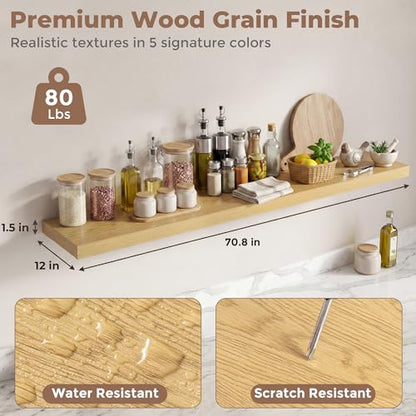 Venusmiles 12 inch Deep Floating Shelves for Wall, 72" Wide, Oak, 2-Pack - color: Oak Finish, size: 72"w x 12"d, 2p