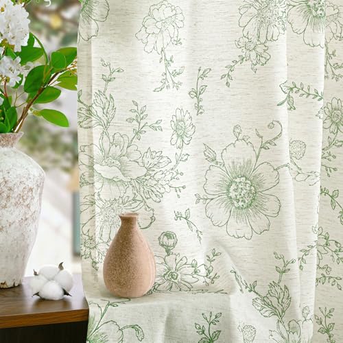 LAMIT 90 Inches Long Floral Linen Curtains for Living Room, Olive Green - color: Olive Green, size: 52"W x 90"L (Pack of 2)