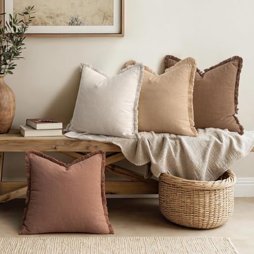 MIULEE Fall Linen Fringe Pillow Covers Set of 4 24x24 Beige/Brown - color: Brown, size: 24" x 24" (Pack of 4)