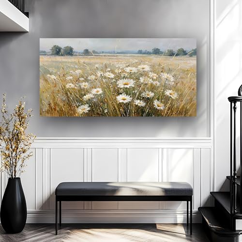 Abstract White Flower Landscape Picture Canvas Art Hanging Living Room Dining Room and bedroom,Grassland scenery Wall Art Prints Modern Style Artwork Waterproof Ready to Hang - 20x40 Inch - color: White flower, size: 40"L x 20"W