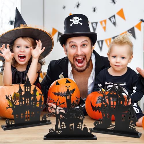 3Pcs Halloween Wooden Table Centerpiece Decorations,Wooden Double-sided Printing Silhouette Sketch Ghost House Decoration Ornaments,Halloween Table Tiered Tray Decor for Indoor Home Kitchen Party