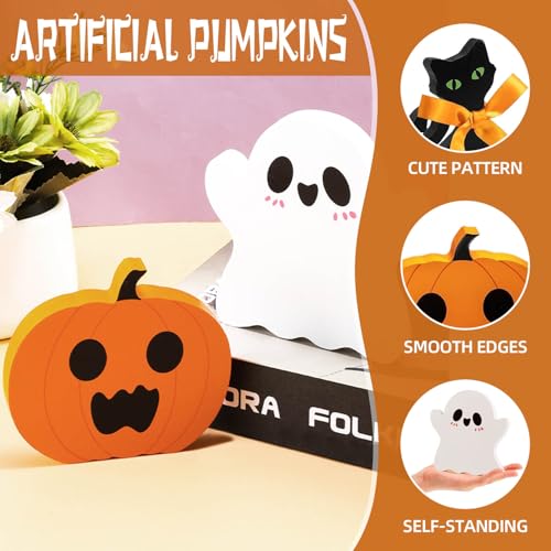 Wooden Halloween Decorations Set - Cute Ghost, Pumpkin & Black Cat Blocks Signs for Indoor Outdoor Holiday Home Decor, Mantel, Tabletop Centerpiece, Spooky Gift (Set of 3)