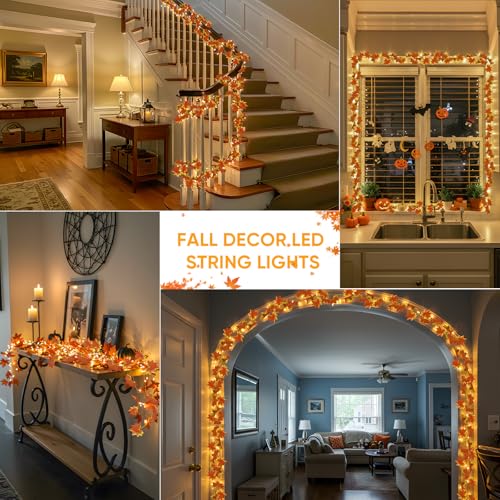 suddus 33 FT 100 LED Fall Garland with Lights Battery Operated Copper Wire - color: Maple, size: 100 LED-Battery