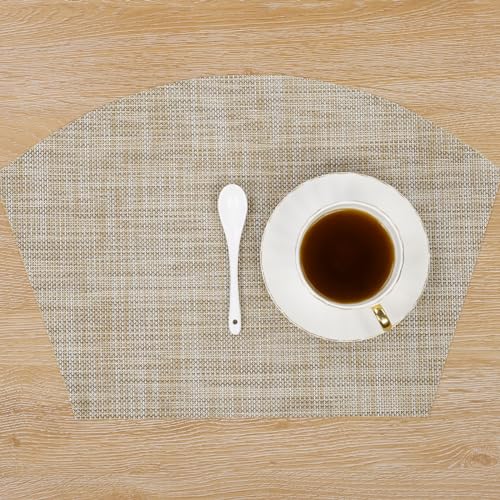 SHACOS Wedge Placemats Set of 4 for Small Round Table Woven Vinyl Curved Placemats Wipe Clean Circle Table Mats Indoor Outdoor, Beige - color: Linen Beige