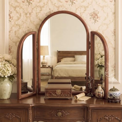 Nuanchu Wood Trifold Vanity Mirror, 36 x 24 in, Brown, Arched