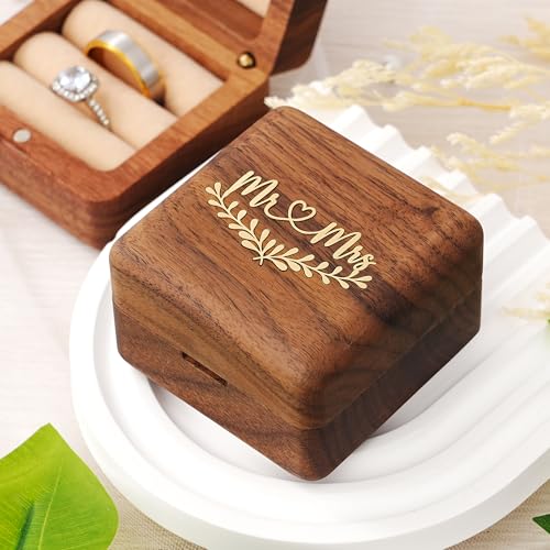 KWOOD Custom Wooden Wedding Ring Box for 2 Rings, Engraved Mr & Mrs Double Ring Holder for Wedding Ceremony Ring Bearer Box Anniversary Birthday Gift Ideas - style: G-Mr & Mrs 02