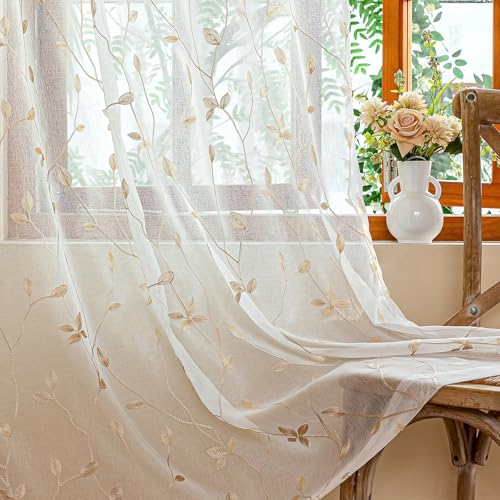 AmHoo 2 Panels Embroidered Leaf Pattern Semi Sheer Curtains Foliage Floral Voile Window Draperies Treatment for Bedroom Living Room Rod Pocket White Beige 53 x 84 Inch - color: White Beige, size: 53"W x 84"L (Pack of 2)