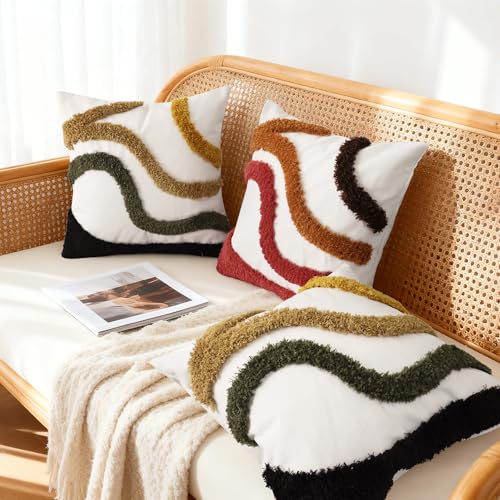 Boho Tufted Abstract Throw Pillow Covers 18x18 Inch, Orange Red - color: Warm Ember Flow Tufted