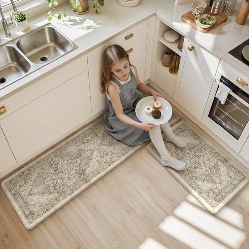 KIMODE Anti Fatigue Kitchen Mats 17"x59"+17"x29",Boho Kitchen Rugs Set of 2 - color: Khaki/Multi, size: 59"L x 17.3"W x 0.47"Th + 29"L x 17.3"W x 0.47"Th