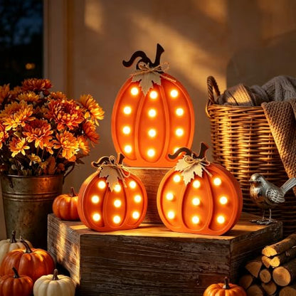Fangoo 3Pcs Wooden Fall Pumpkins Light Up Table Centerpieces Decor