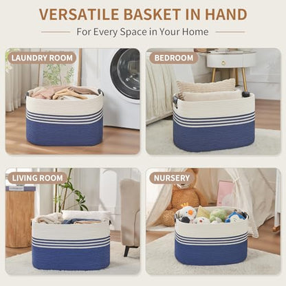 Laundry Hamper with Handles, 72L Rope Laundry Basket, Dark Blue & White - color: Dark Blue & White, size: 72L