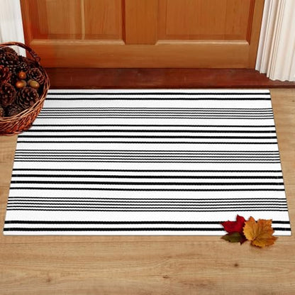 LEEVAN 2'X3' Black and White Striped Woven Cotton Reversible Outdoor Rug - color: 1white Strip, size: 2' x 3'