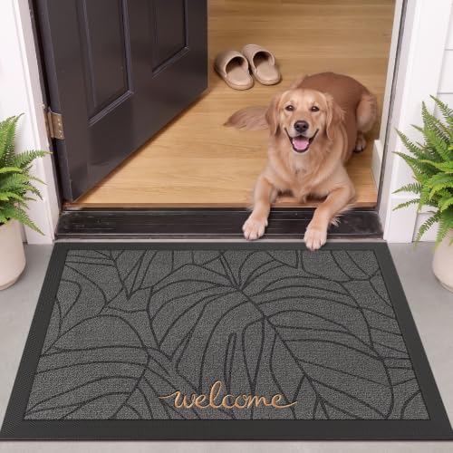 LUMI Outside Welcome Door Mat 24x36, Non-Slip Heavy Duty Dirt Trapper, Grey - color: Grey Gold Monstera, size: 24"x36"