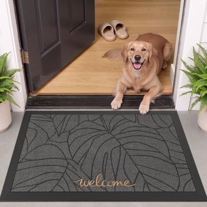 LUMI Outside Welcome Door Mat 24x36, Non-Slip Heavy Duty Dirt Trapper, Grey - color: Grey Gold Monstera, size: 24"x36"