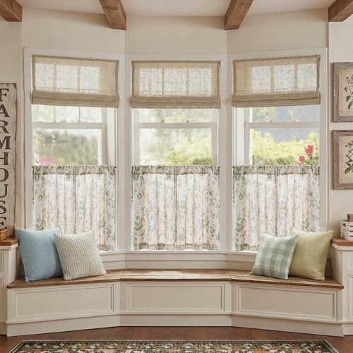 jinchan Floral Linen Kitchen Tier Curtains, 24 Inch, 2 Panels, Green - color: Amlie Green, size: 26"W x 24"L (Pack of 2)