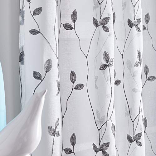 Curtainworks Botanical Embroidery Sheer Window Curtain Collection, Rod Pocket, 63-inch Panel Pair, Grey - color: Grey, size: 37"W x 63"L (Pack of 2)