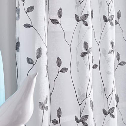 Curtainworks Botanical Embroidery Sheer Window Curtain Collection, Rod Pocket, 63-inch Panel Pair, Grey - color: Grey, size: 37"W x 63"L (Pack of 2)