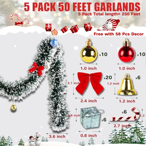 NQN 5 Pack 250Ft Greenery Garland with Snow, Dark Green Snowflake Dots, Artificial Christmas Pine Streamers for Indoor/Outdoor Decorations - size: 250 Feet/Dark green